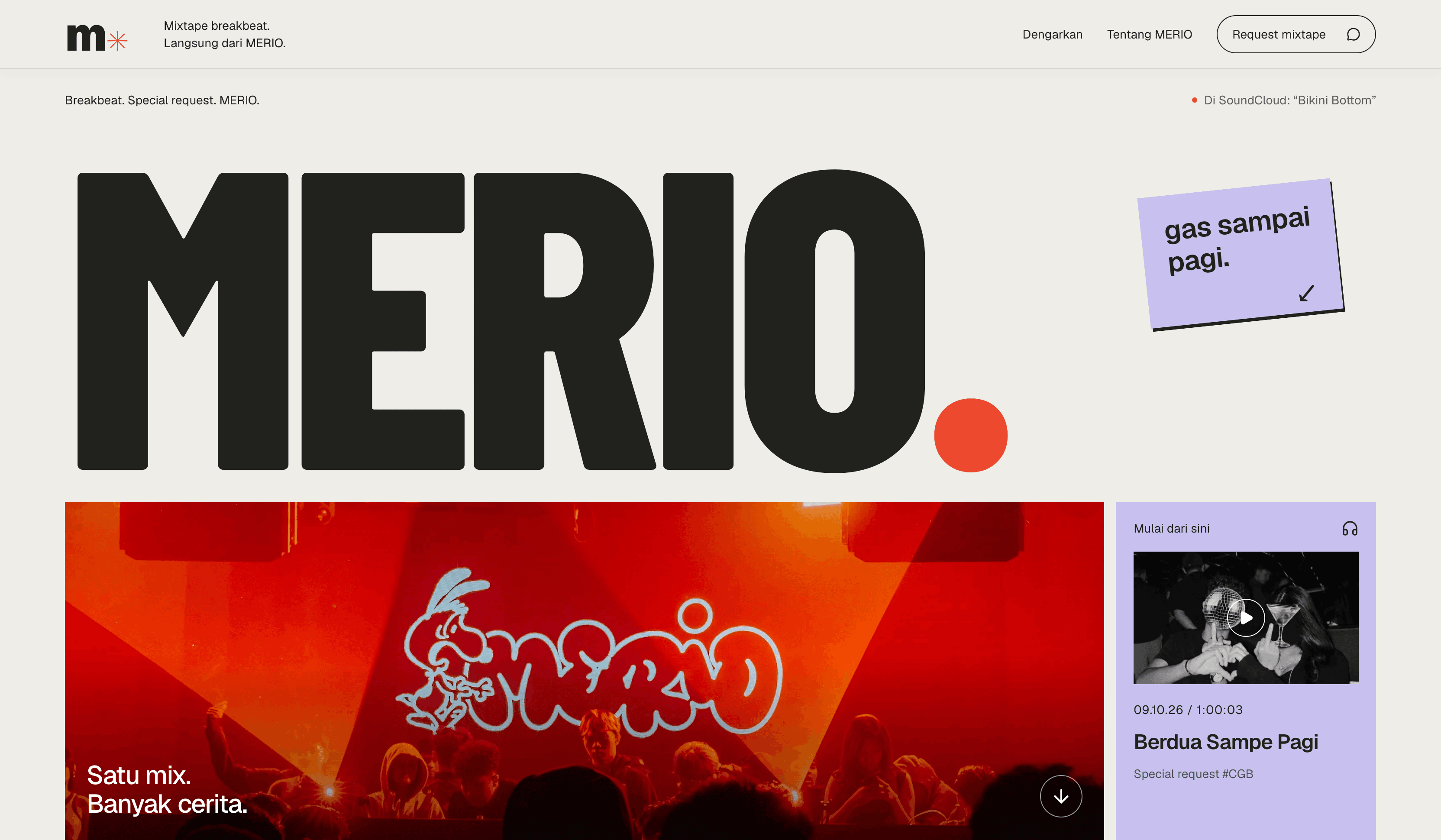 Merio DJ website homepage with oversized typography, a red stage photograph, and a lilac featured mix panel.