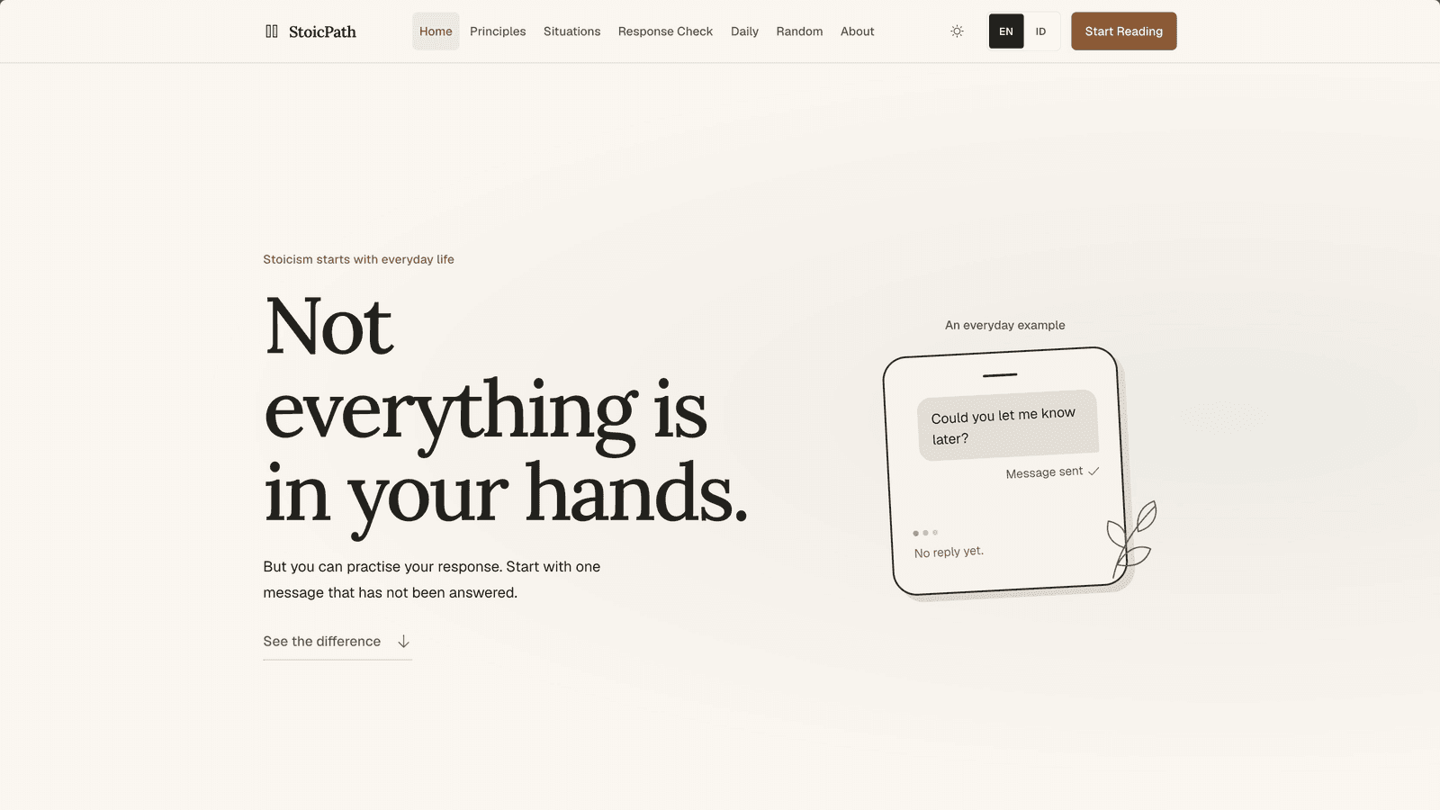 StoicPath homepage introducing everyday Stoic practice through an unanswered message.